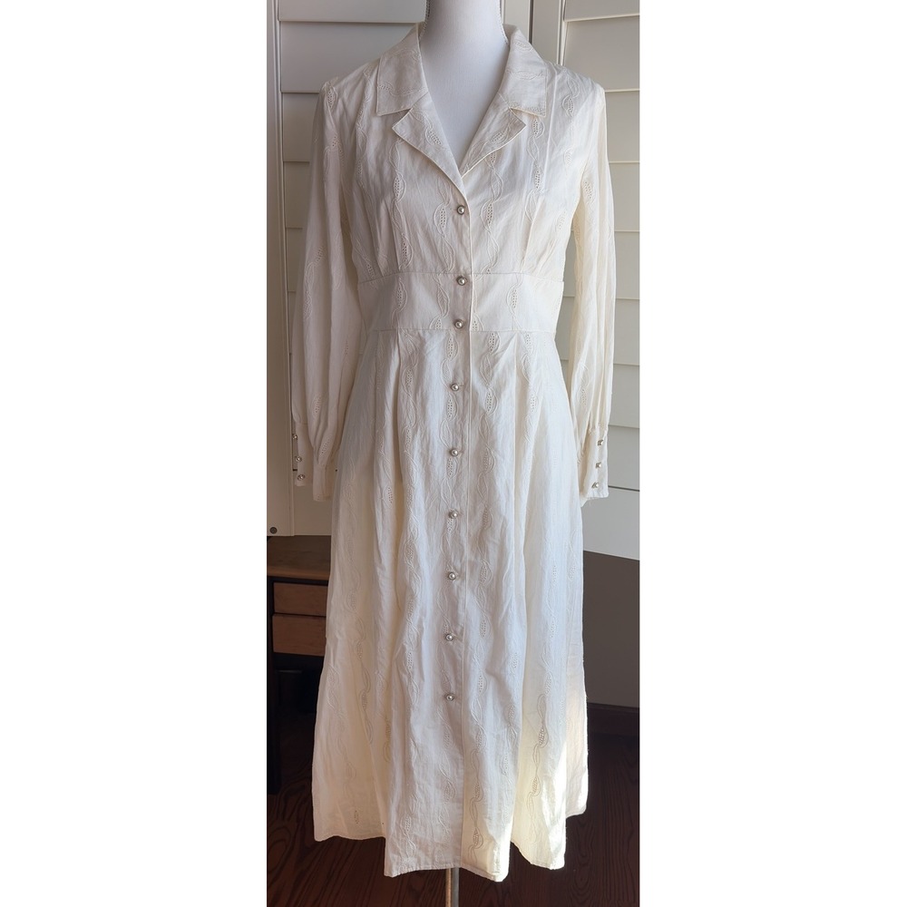 Simple Retro Ivory Embroidered Midi Shirt Dress L Prairie Cotton Pockets Cottage